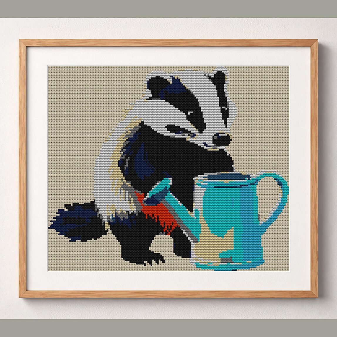 badger-gardening framed cross stitch mockup badger-gardening framed cross stitch mockup, realistic finished embroidery design, PDF pattern digital download