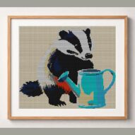 badger-gardening framed cross stitch mockup, realistic finished embroidery design, PDF pattern digital download