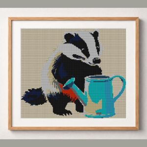 badger-gardening framed cross stitch mockup, realistic finished embroidery design, PDF pattern digital download