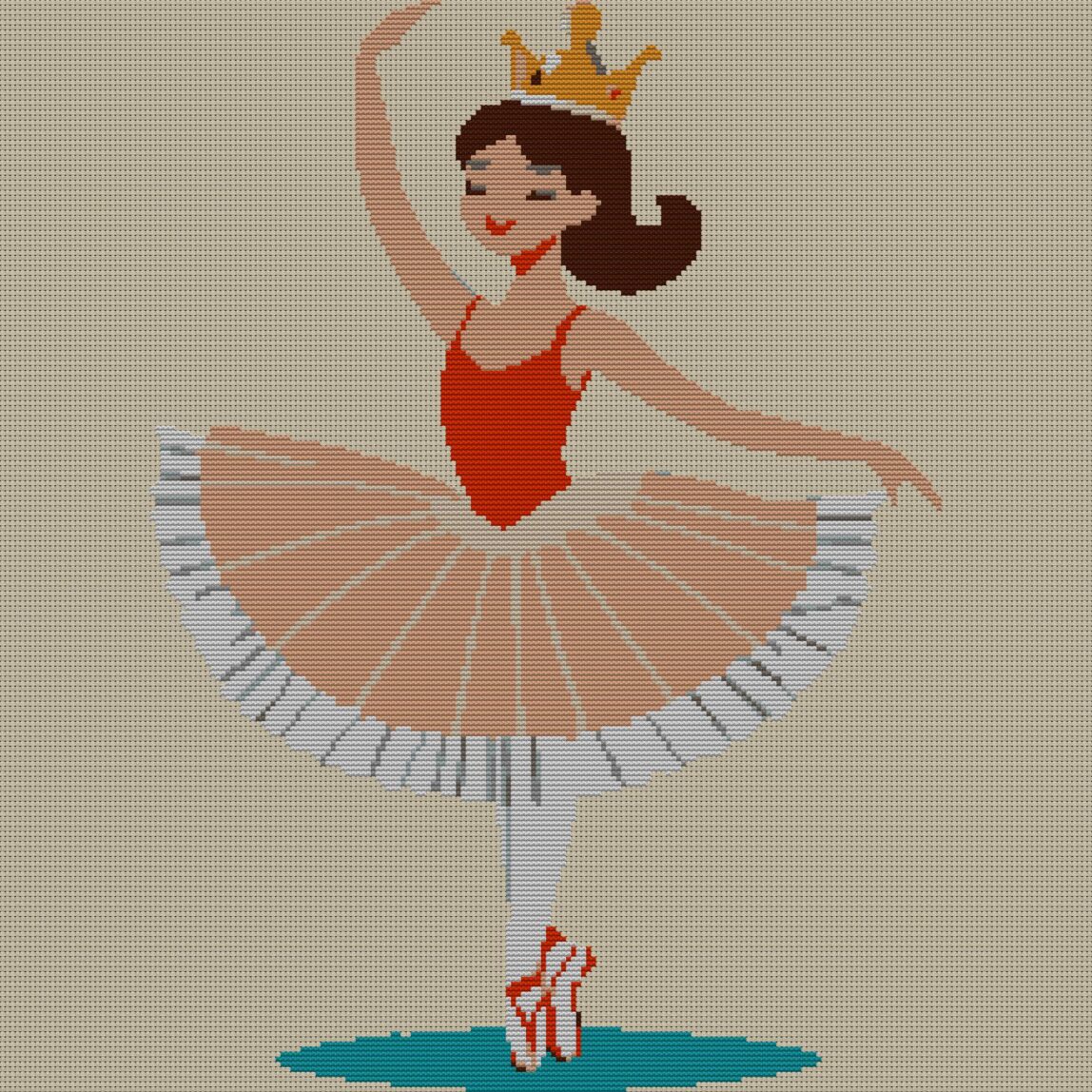 ballerina-with-crown full cross stitch design mockup without frame, realistic embroidery preview