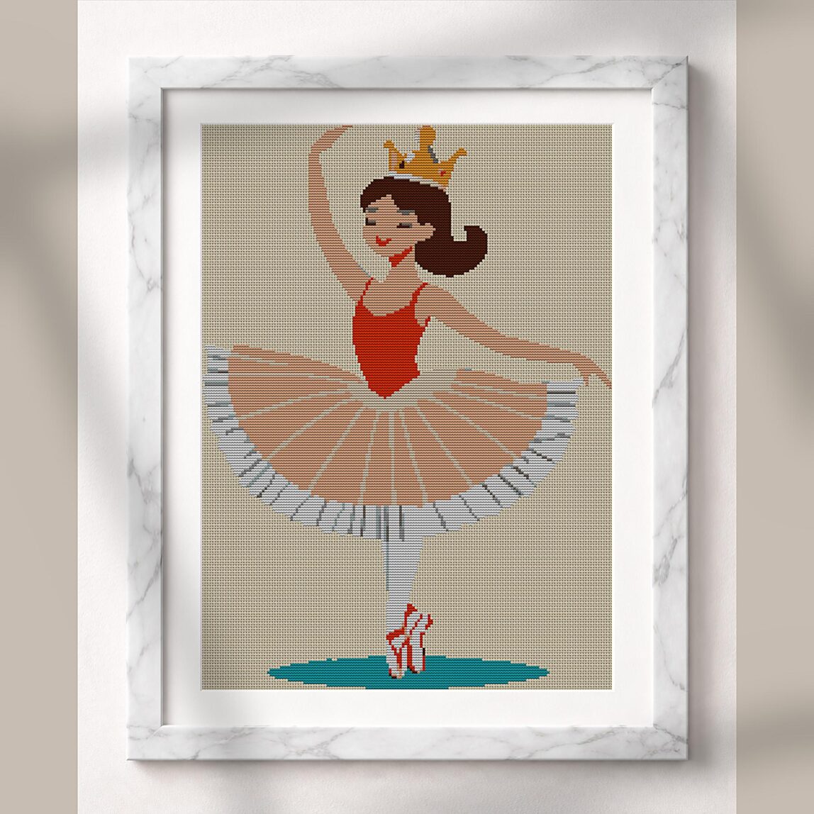 ballerina-with-crown alternative framed cross stitch mockup, realistic finished embroidery presentation