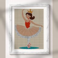 ballerina-with-crown alternative framed cross stitch mockup, realistic finished embroidery presentation