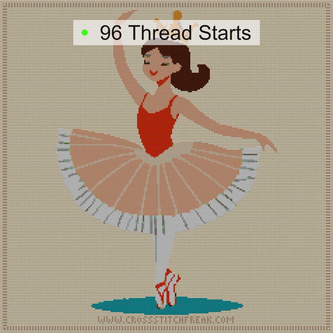 ballerina-with-crown cross stitch start point map with highlighted thread start positions in the full design