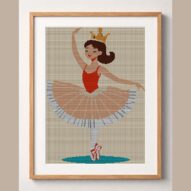 ballerina-with-crown framed cross stitch mockup, realistic finished embroidery design, PDF pattern digital download