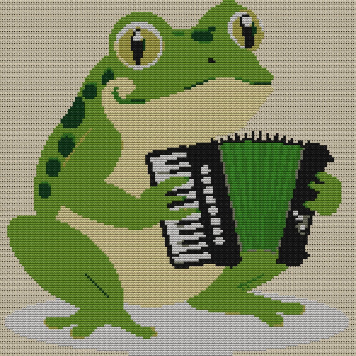 frog-playing-accordion full cross stitch design mockup without frame, realistic embroidery preview
