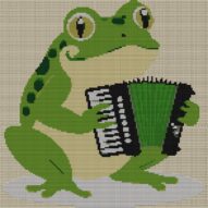 frog-playing-accordion full cross stitch design mockup without frame, realistic embroidery preview