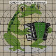 frog-playing-accordion close-up cross stitch detail showing color changes, confetti areas and stitch texture