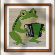frog-playing-accordion alternative framed cross stitch mockup, realistic finished embroidery presentation