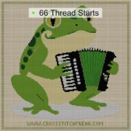 frog-playing-accordion cross stitch start point map with highlighted thread start positions in the full design