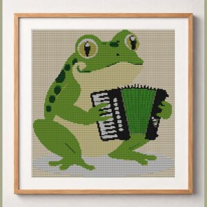 frog-playing-accordion framed cross stitch mockup, realistic finished embroidery design, PDF pattern digital download