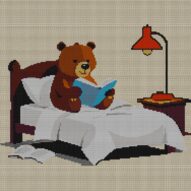 bear-reading-bedtime-stor full cross stitch design mockup without frame, realistic embroidery preview