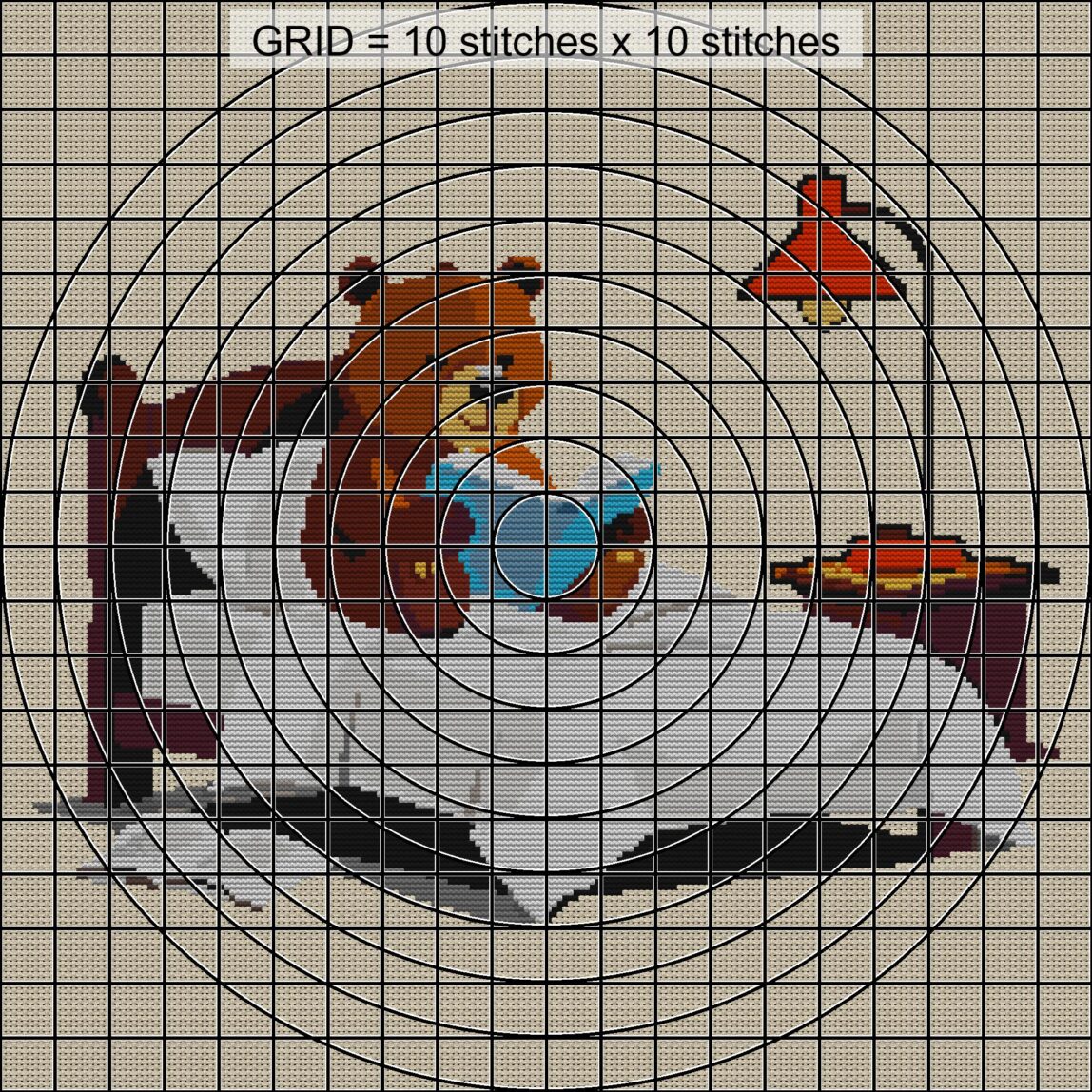 bear-reading-bedtime-stor close-up cross stitch detail showing color changes, confetti areas and stitch texture
