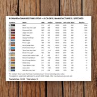 bear-reading-bedtime-stor thread color chart with DMC, Anchor, Sullivans, J&P Coats and Maxi color references