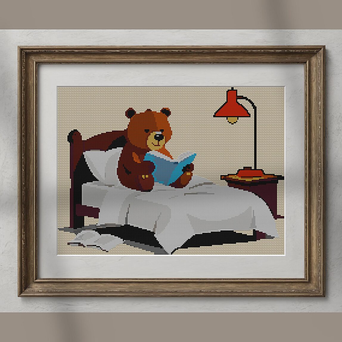 bear-reading-bedtime-stor alternative framed cross stitch mockup, realistic finished embroidery presentation
