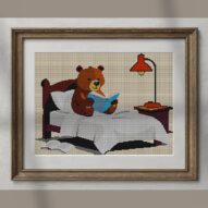 bear-reading-bedtime-stor alternative framed cross stitch mockup, realistic finished embroidery presentation