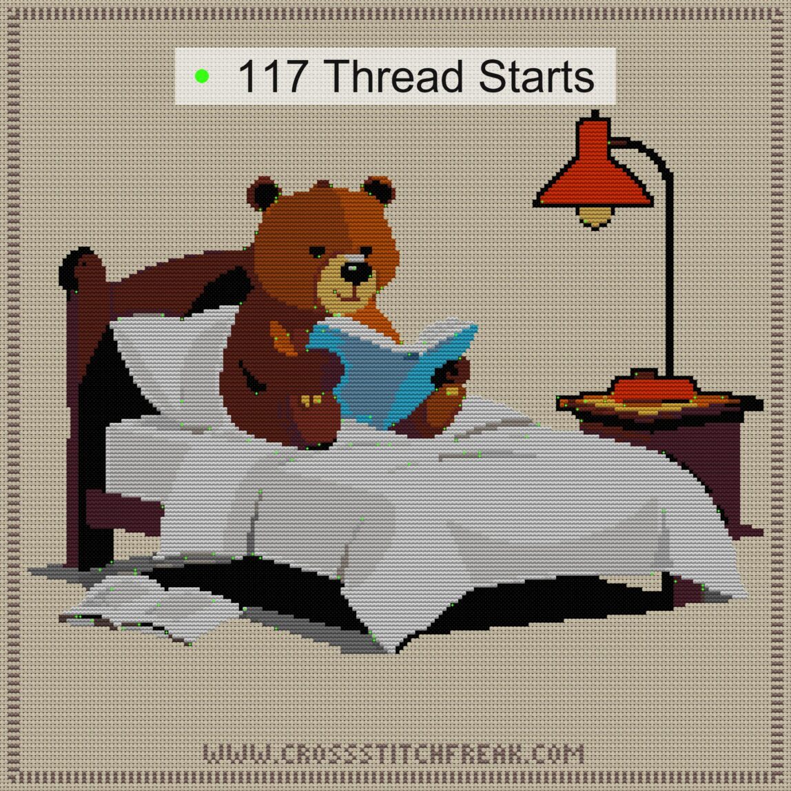 bear-reading-bedtime-stor cross stitch start point map with highlighted thread start positions in the full design