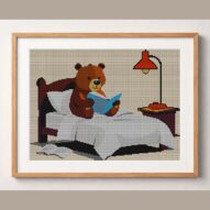 bear-reading-bedtime-stor framed cross stitch mockup, realistic finished embroidery design, PDF pattern digital download