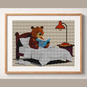 bear-reading-bedtime-stor framed cross stitch mockup, realistic finished embroidery design, PDF pattern digital download
