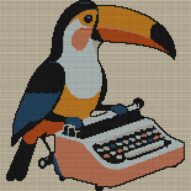 toucan-typing-on-typewrit full cross stitch design mockup without frame, realistic embroidery preview