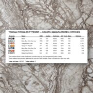 toucan-typing-on-typewrit thread color chart with DMC, Anchor, Sullivans, J&P Coats and Maxi color references