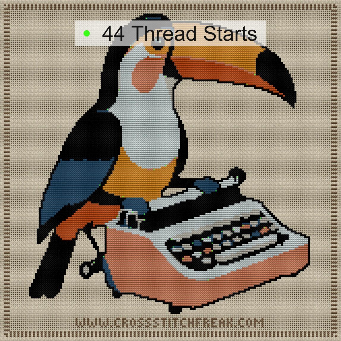 toucan-typing-on-typewrit cross stitch start point map with highlighted thread start positions in the full design