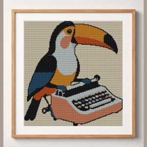toucan-typing-on-typewrit framed cross stitch mockup, realistic finished embroidery design, PDF pattern digital download