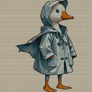 goose-with-raincoat-and-b full cross stitch design mockup without frame, realistic embroidery preview