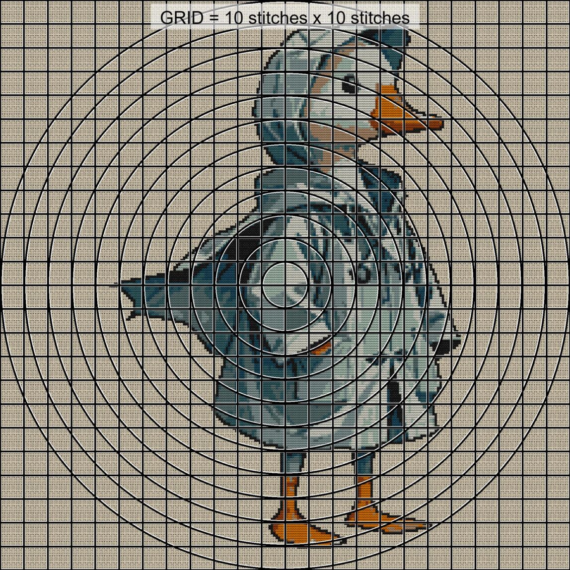 goose-with-raincoat-and-b close-up cross stitch detail showing color changes, confetti areas and stitch texture