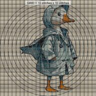 goose-with-raincoat-and-b close-up cross stitch detail showing color changes, confetti areas and stitch texture
