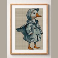 goose-with-raincoat-and-b framed cross stitch mockup, realistic finished embroidery design, PDF pattern digital download