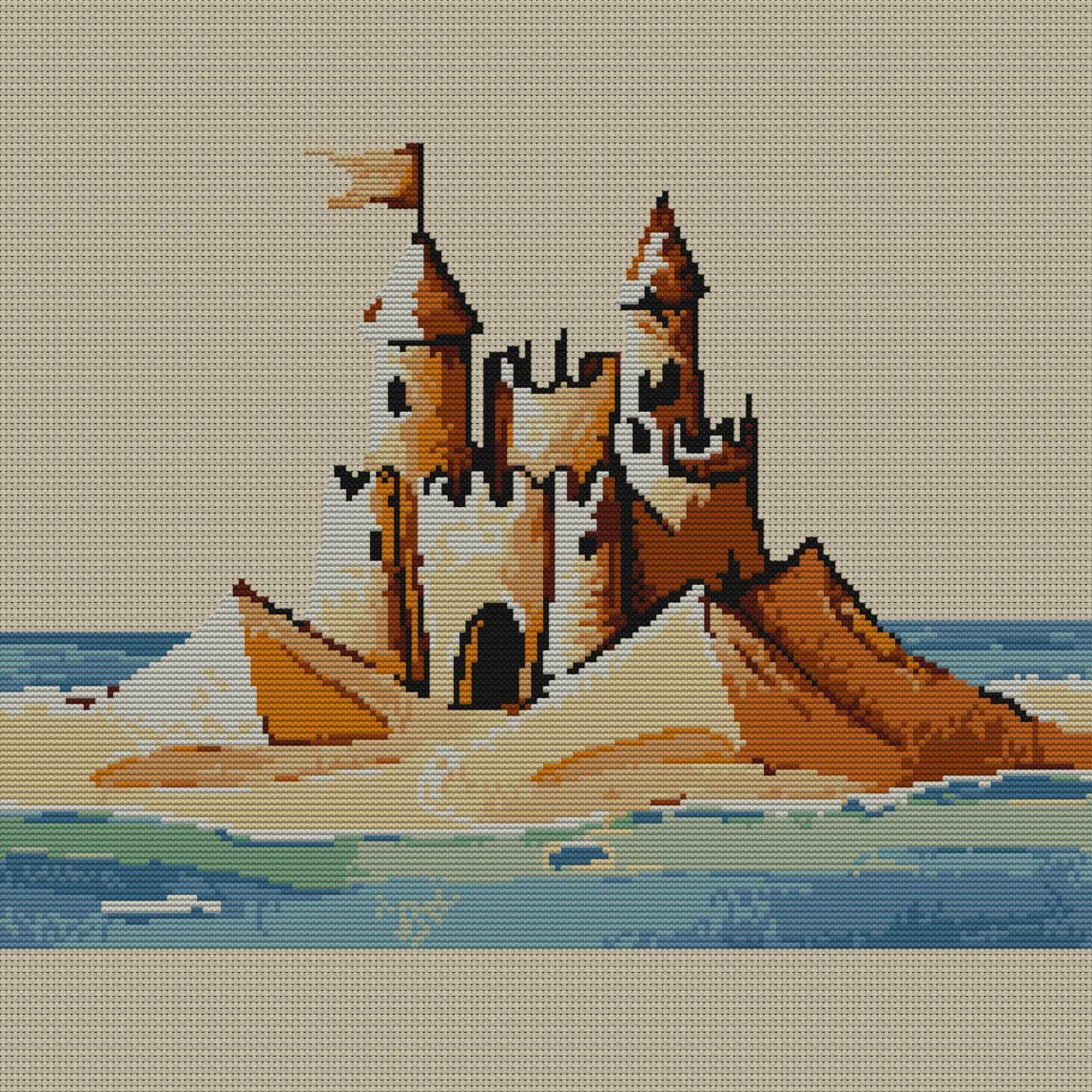 sandcastle full cross stitch design mockup without frame, realistic embroidery preview