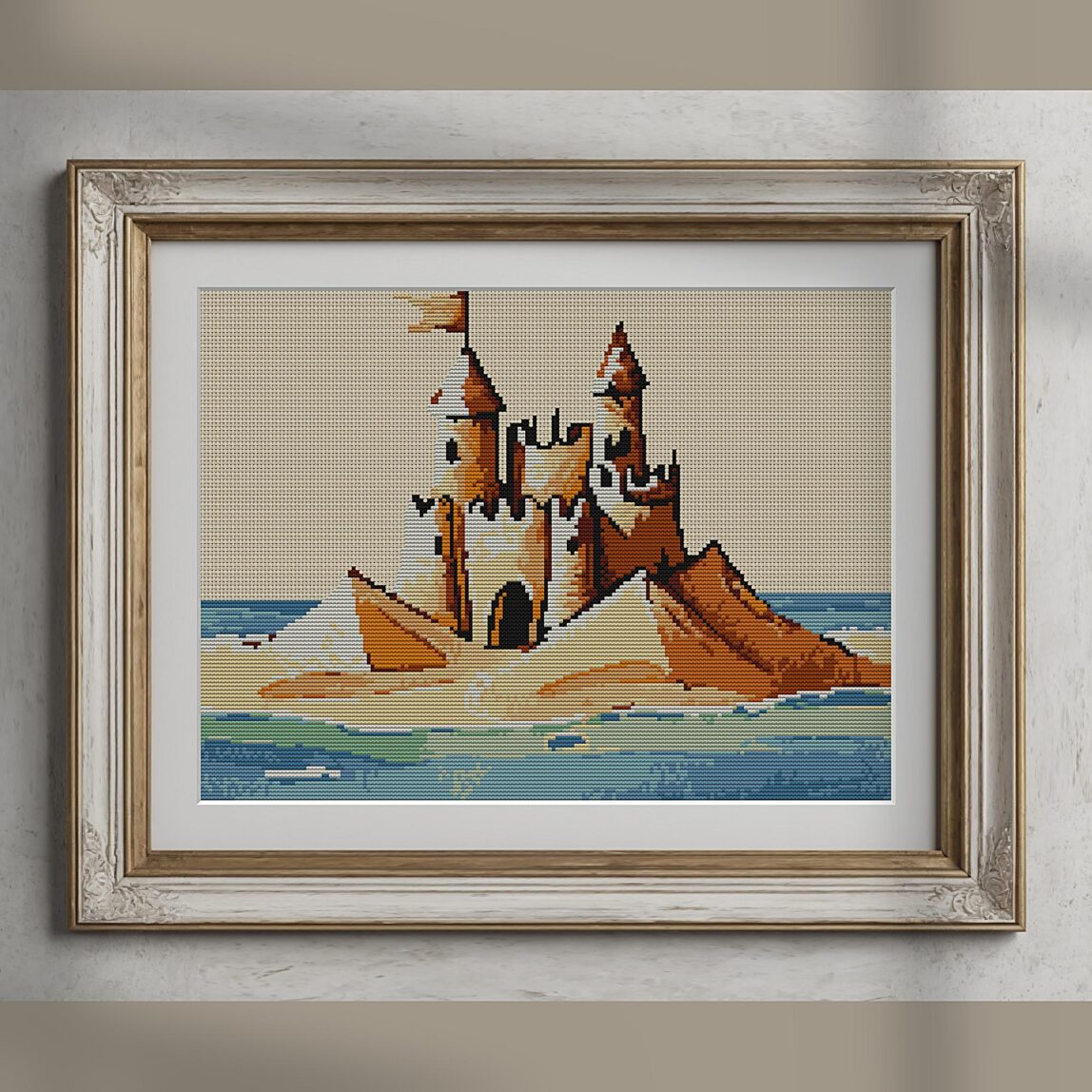 sandcastle alternative framed cross stitch mockup, realistic finished embroidery presentation