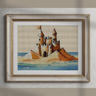 sandcastle alternative framed cross stitch mockup, realistic finished embroidery presentation