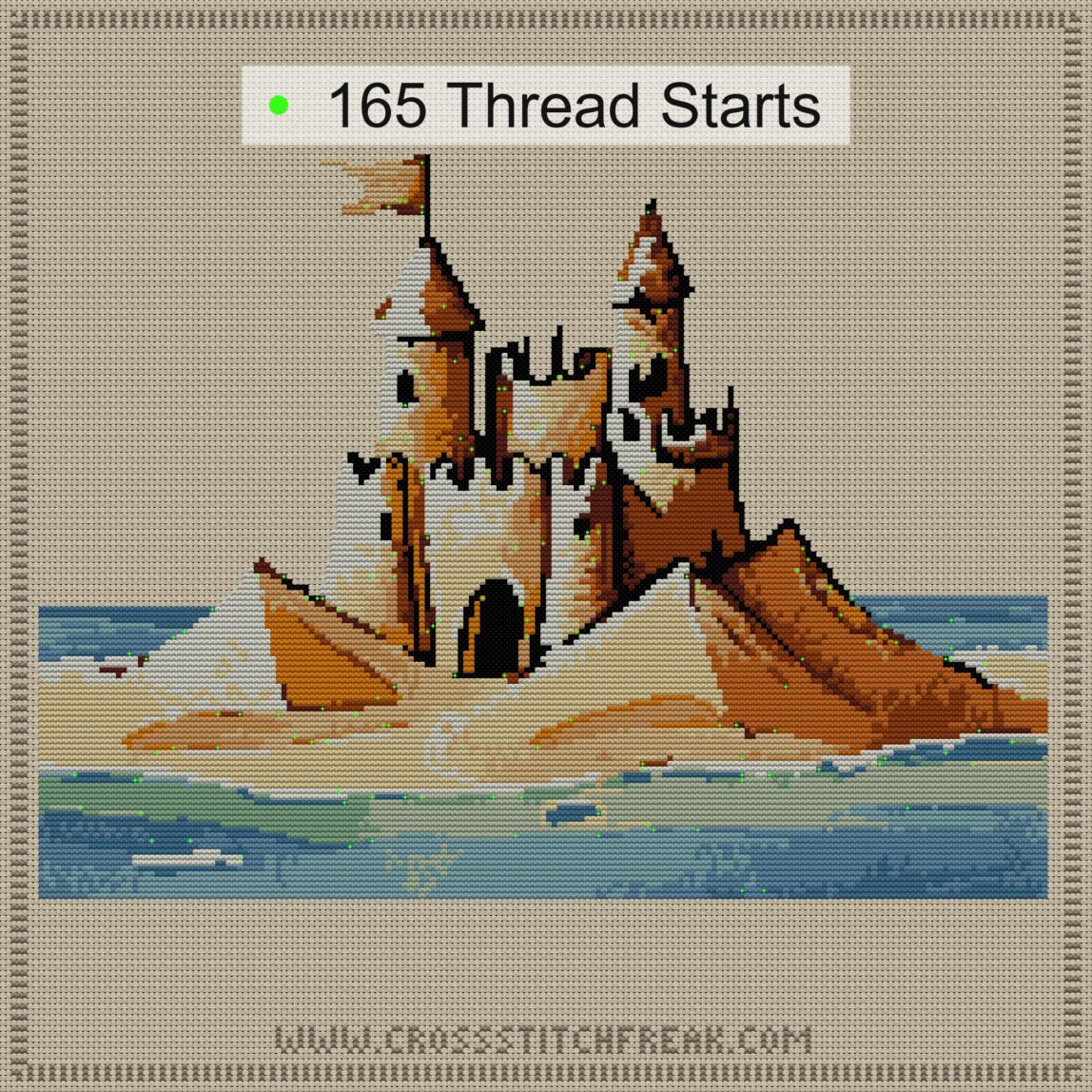 sandcastle cross stitch start point map with highlighted thread start positions in the full design