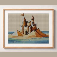 sandcastle framed cross stitch mockup, realistic finished embroidery design, PDF pattern digital download