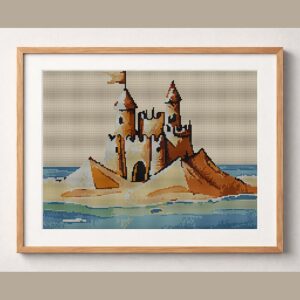 sandcastle framed cross stitch mockup, realistic finished embroidery design, PDF pattern digital download