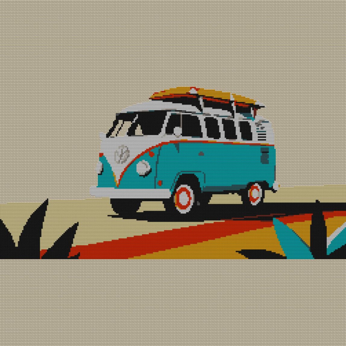 camper-van full cross stitch design mockup without frame, realistic embroidery preview
