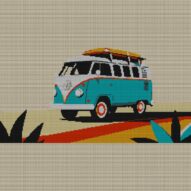 camper-van full cross stitch design mockup without frame, realistic embroidery preview