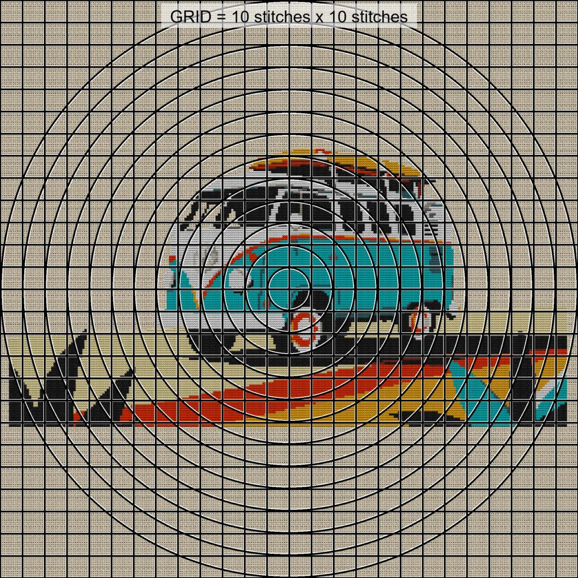 camper-van close-up cross stitch detail showing color changes, confetti areas and stitch texture