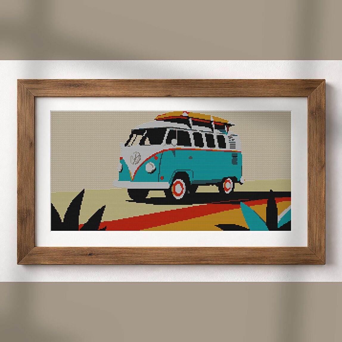camper-van alternative framed cross stitch mockup, realistic finished embroidery presentation