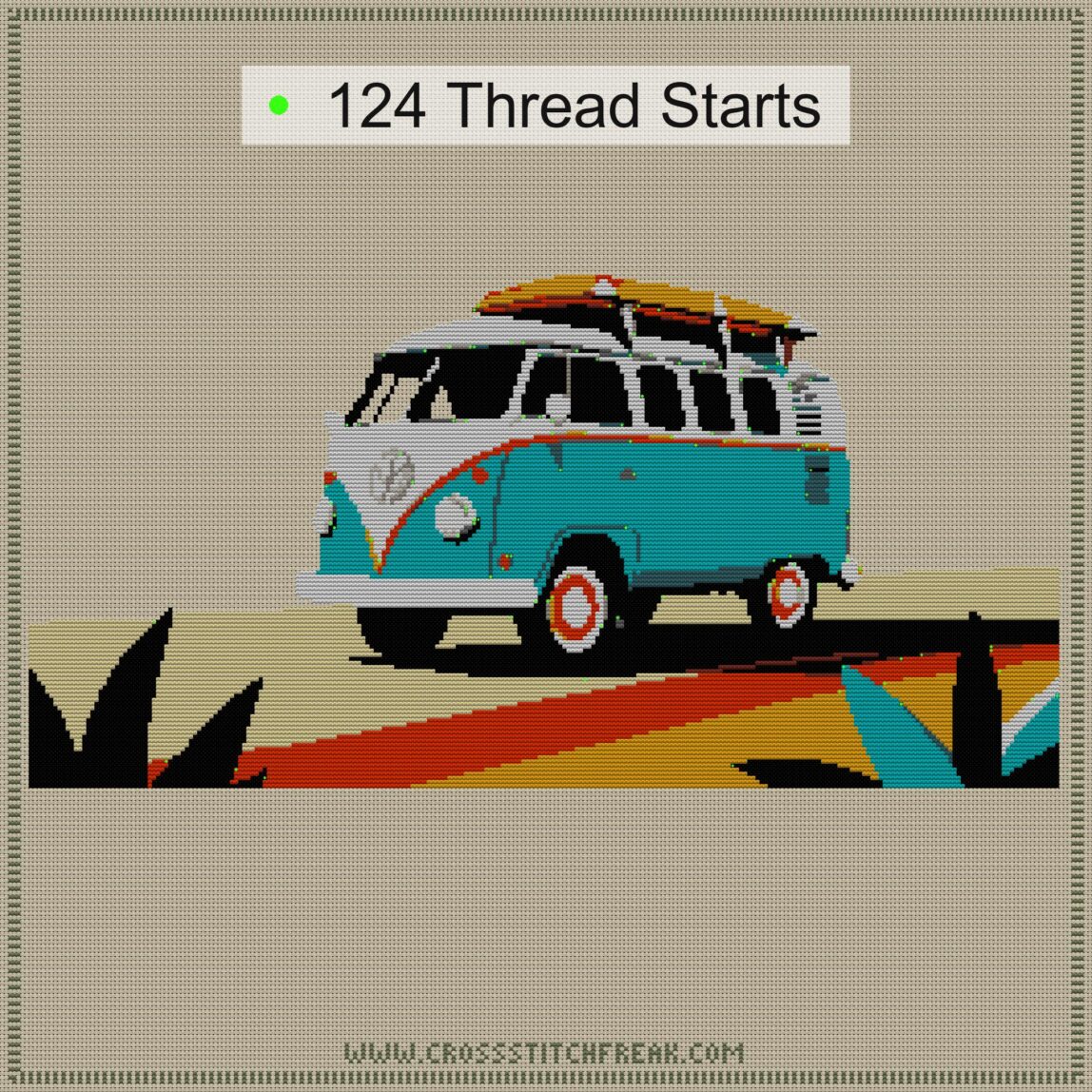 camper-van cross stitch start point map with highlighted thread start positions in the full design