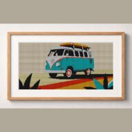 camper-van framed cross stitch mockup, realistic finished embroidery design, PDF pattern digital download
