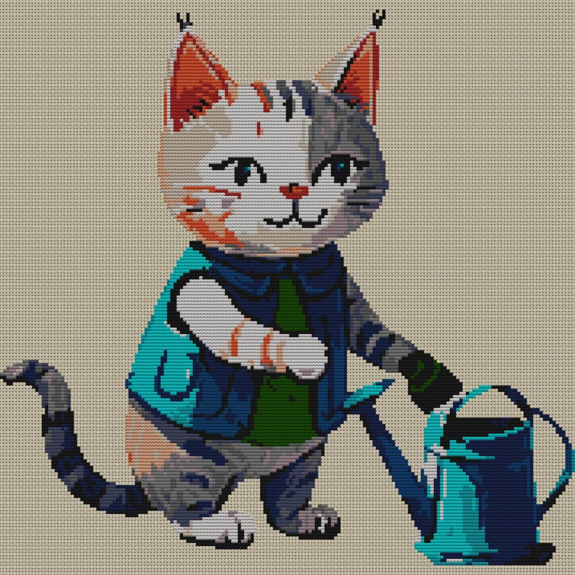 cat-gardener-with-waterin full design mockup without frame cat-gardener-with-waterin full cross stitch design mockup without frame, realistic embroidery preview