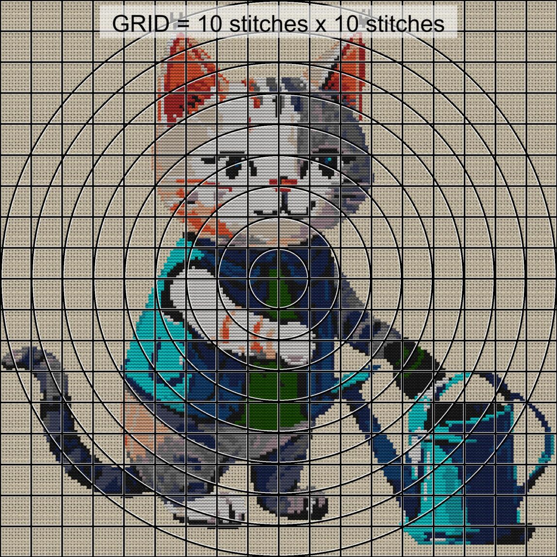cat-gardener-with-waterin zoomed stitching detail cat-gardener-with-waterin close-up cross stitch detail showing color changes, confetti areas and stitch texture