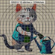 cat-gardener-with-waterin close-up cross stitch detail showing color changes, confetti areas and stitch texture