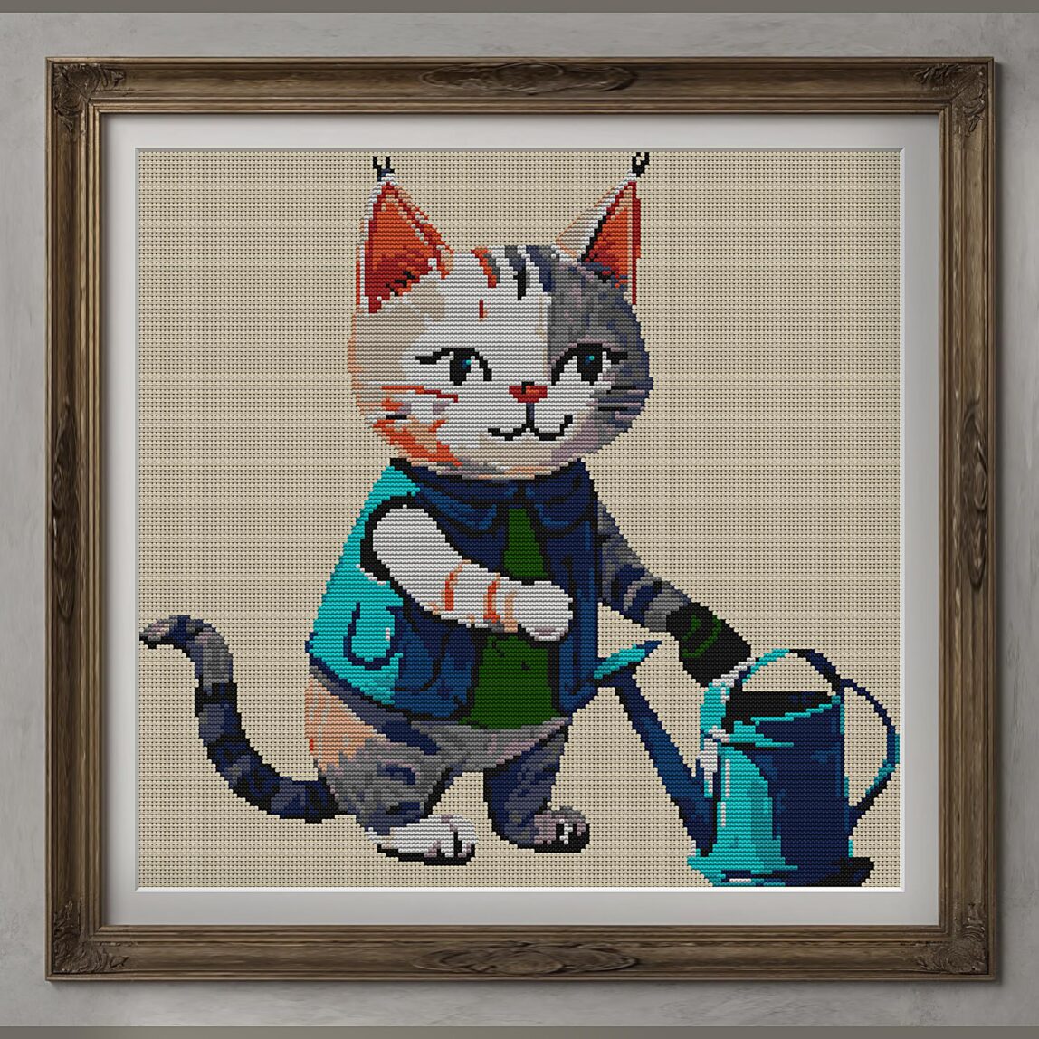 cat-gardener-with-waterin alternative framed mockup cat-gardener-with-waterin alternative framed cross stitch mockup, realistic finished embroidery presentation