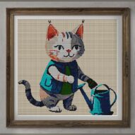 cat-gardener-with-waterin alternative framed cross stitch mockup, realistic finished embroidery presentation