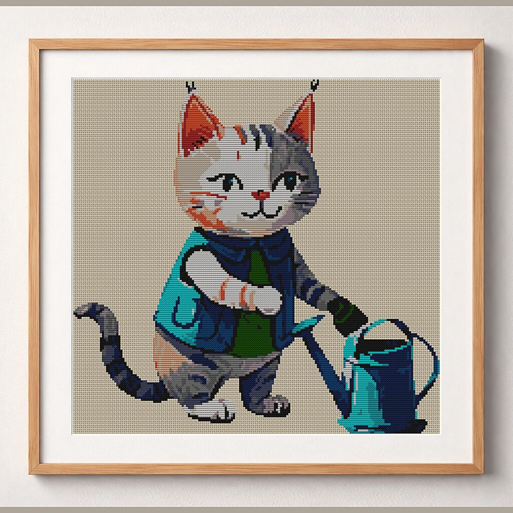 cat-gardener-with-waterin framed cross stitch mockup, realistic finished embroidery design, PDF pattern digital download