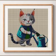 cat-gardener-with-waterin framed cross stitch mockup, realistic finished embroidery design, PDF pattern digital download