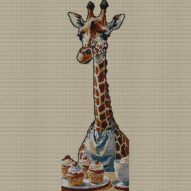 giraffe-baking-cupcakes full cross stitch design mockup without frame, realistic embroidery preview